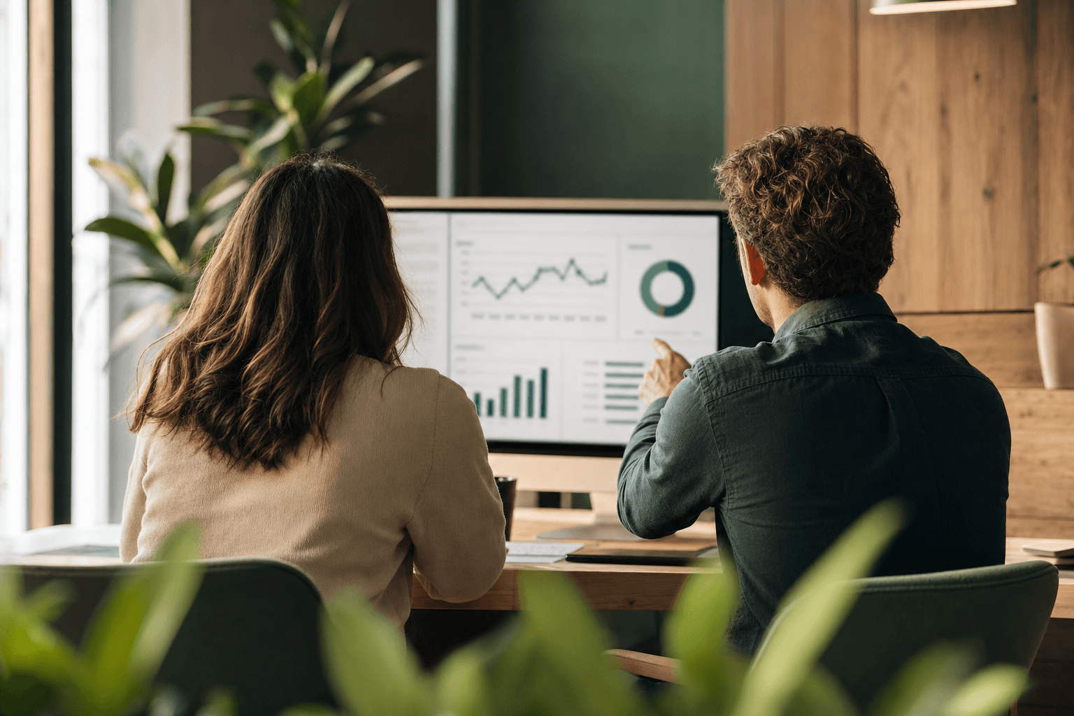 Zwei Personen besprechen ein Analytics-Dashboard mit Shop-Kennzahlen