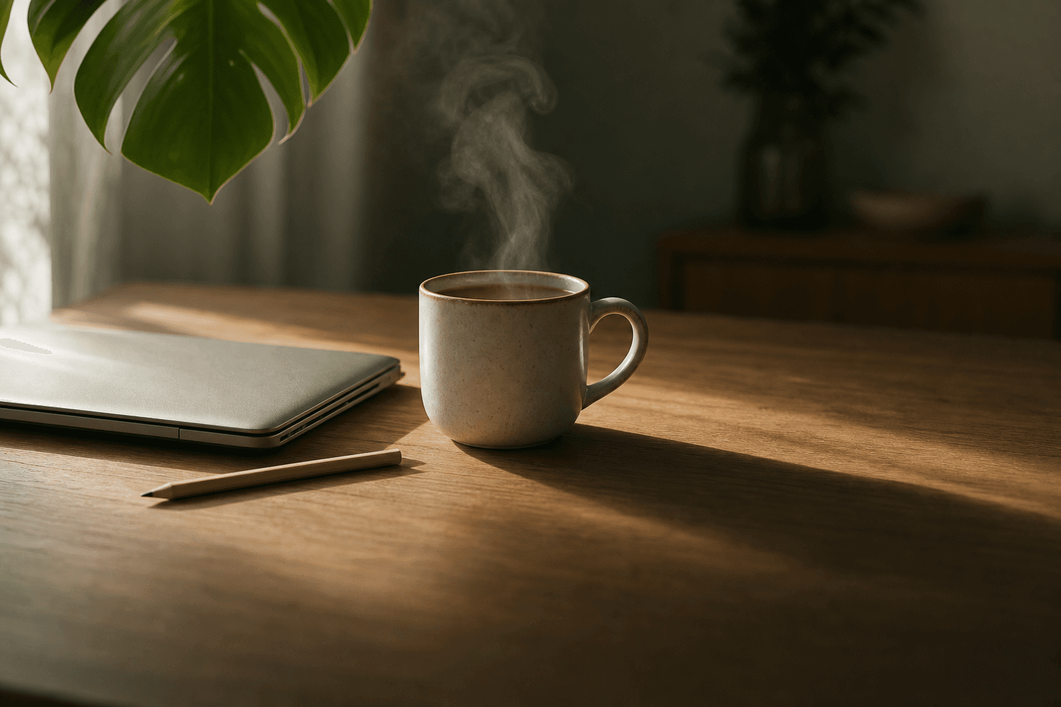 Zugeklappter Laptop, eine dampfende Tasse und ein Bleistift auf einem Holztisch im Morgenlicht