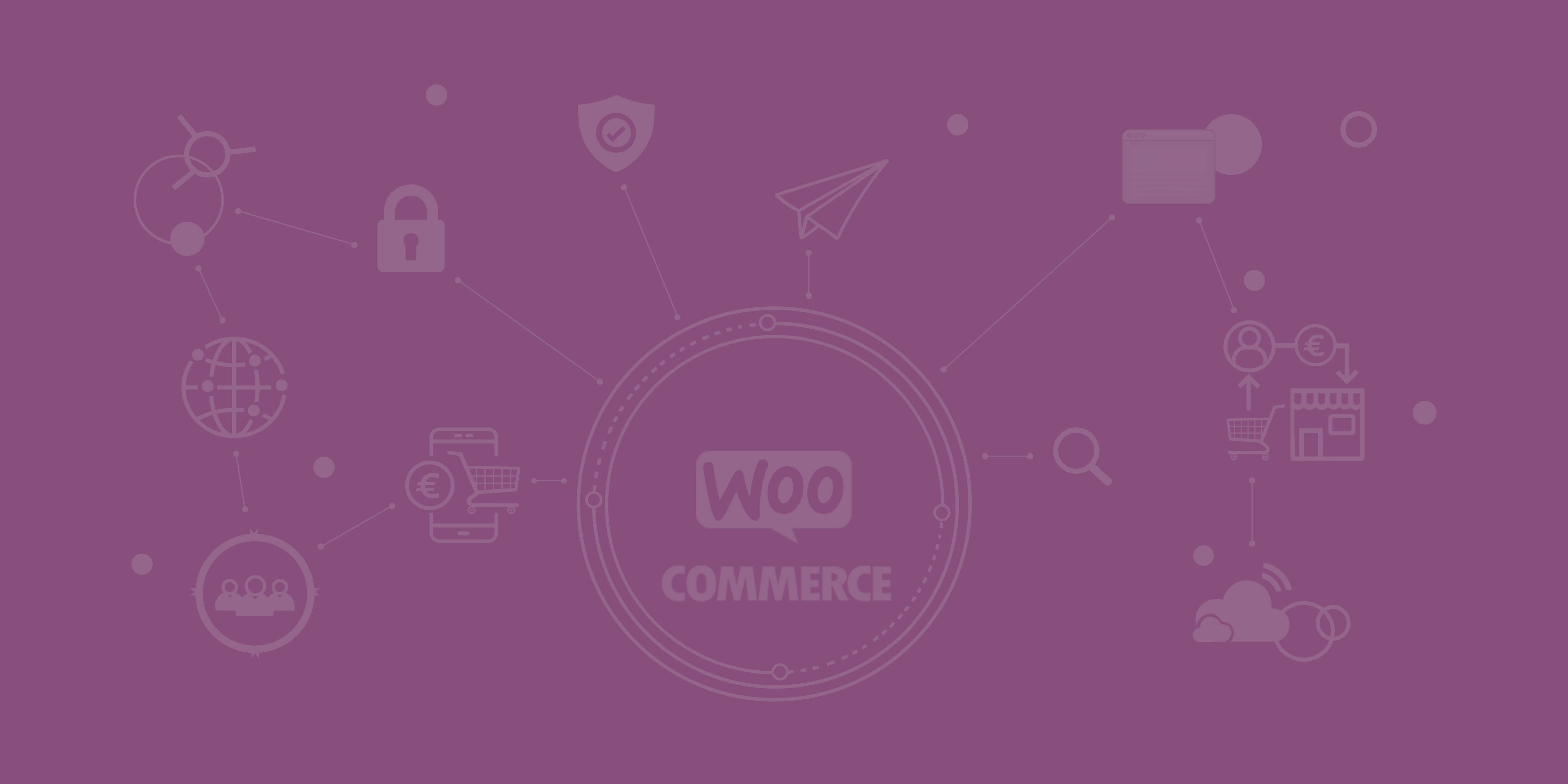 Das Logo von WooCommerce und die Angebotenen Dienstleistungen der WooCommerce Agentur in Form von Icons