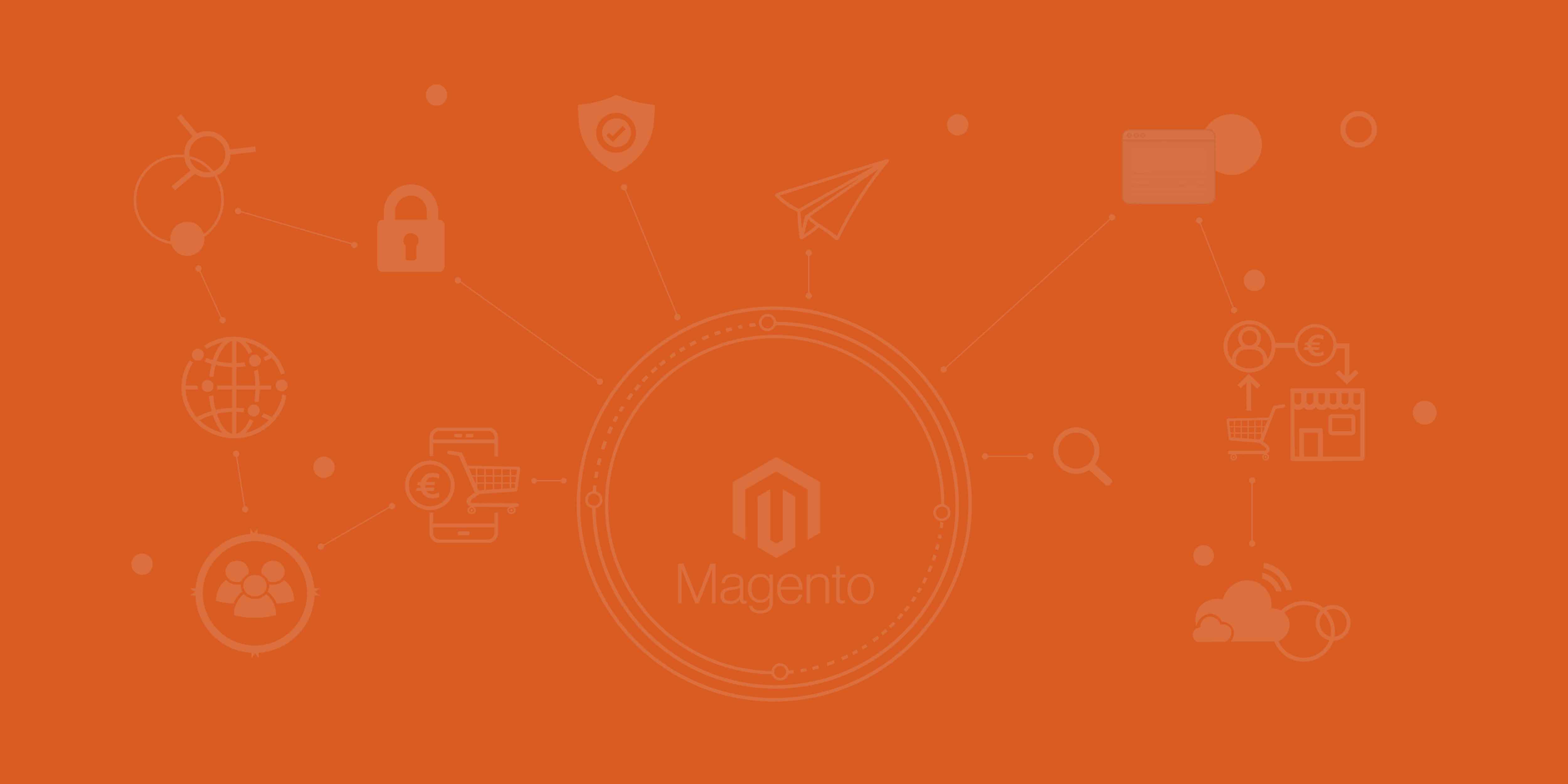 Das Logo von Magento und die Angebotenen Dienstleistungen der Magento Agentur in Form von Icons